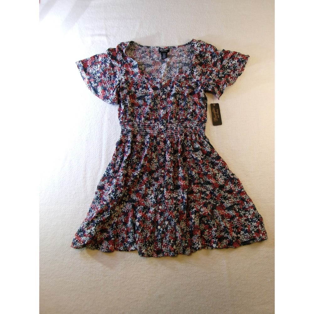 NWT Wrangler Retro Womens Floral V-Neck Button Front Smocked Waist Dress Large